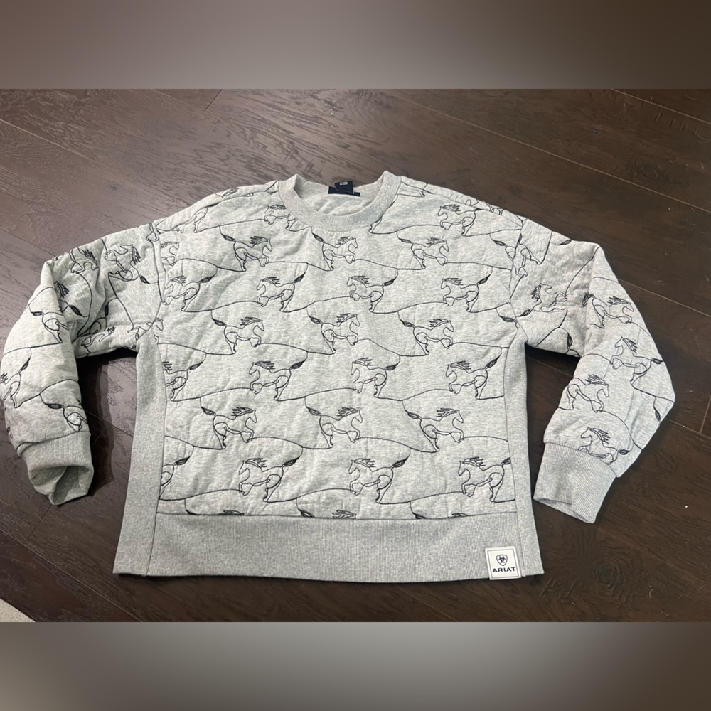 Ariat Light Heather Gray Crewneck Sweatshirt with Horse Outline Print